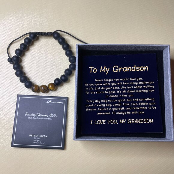 "To My Grandson" Natural Stone Bracelet Gift Set - Tiger's Eye & Matte Onyx Bead - Picture 1 of 5